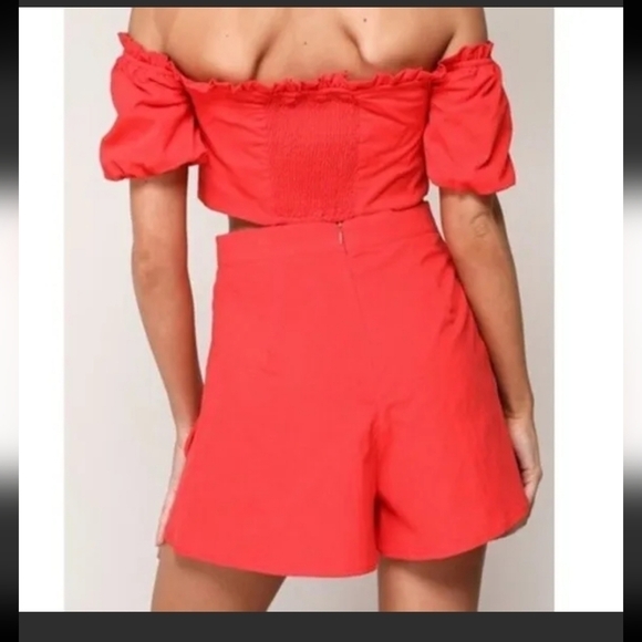 BLUE BLUSH Red Puff Off Shoulder Crop Top High Waist Lace-up Corset Shorts Set L - Picture 4 of 16